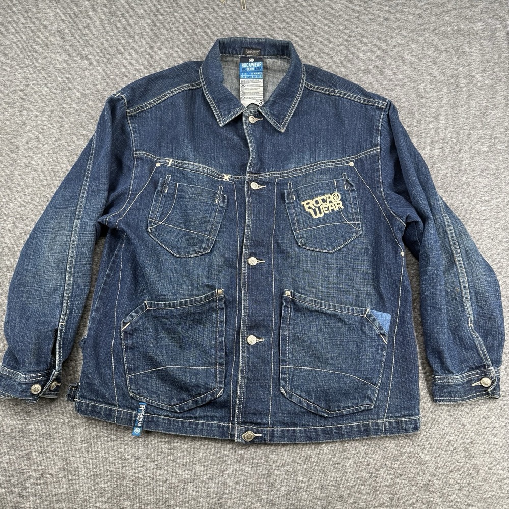 Vintage Y2K Rocawear Roc Denim Corp Jacket Mens Large Dark Wash Embroidered Logo